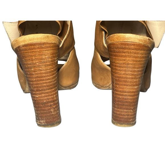 Stuart Weitzman Shoes Womens Size 8.5 Tan Leather Peep Toe Slingback Heels J3874 - Picture 9 of 10